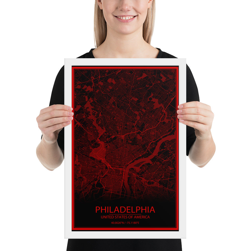 Philadelphia Black and Red Framed Map