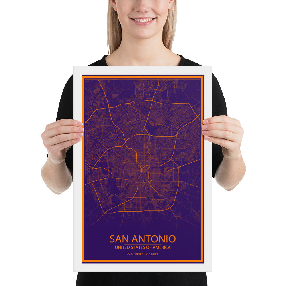 San Antonio Purple and Orange Framed Map