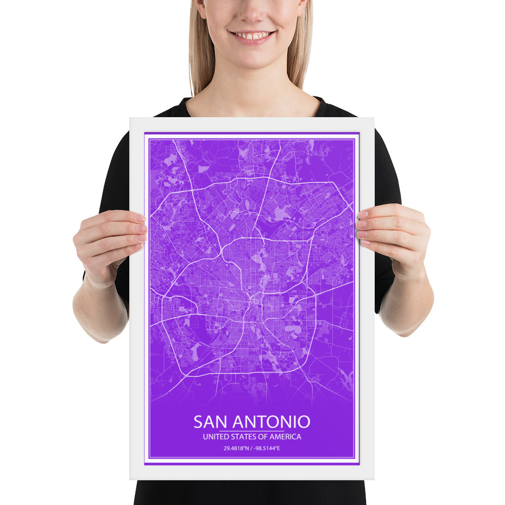 San Antonio Purple and White Framed Map