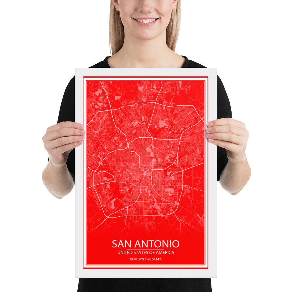 San Antonio Red and White Framed Map