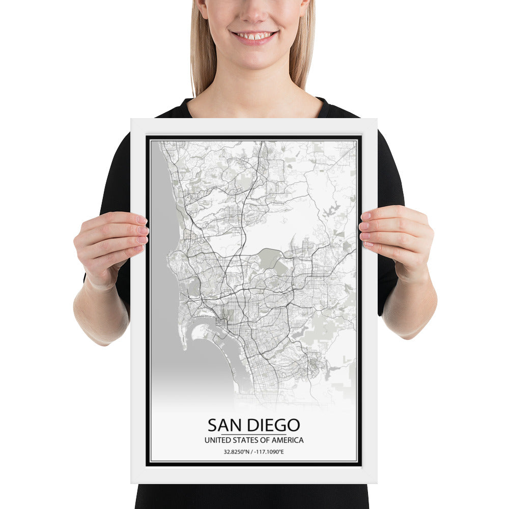 San Diego White Framed Map