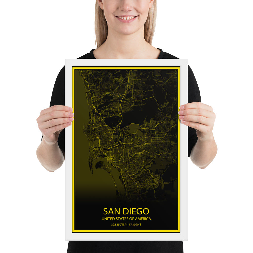 San Diego Black and Yellow Framed Map