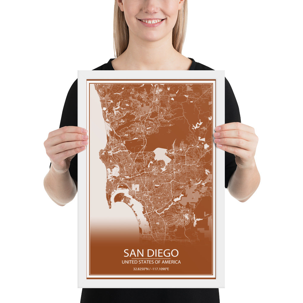 San Diego Brown and White Framed Map