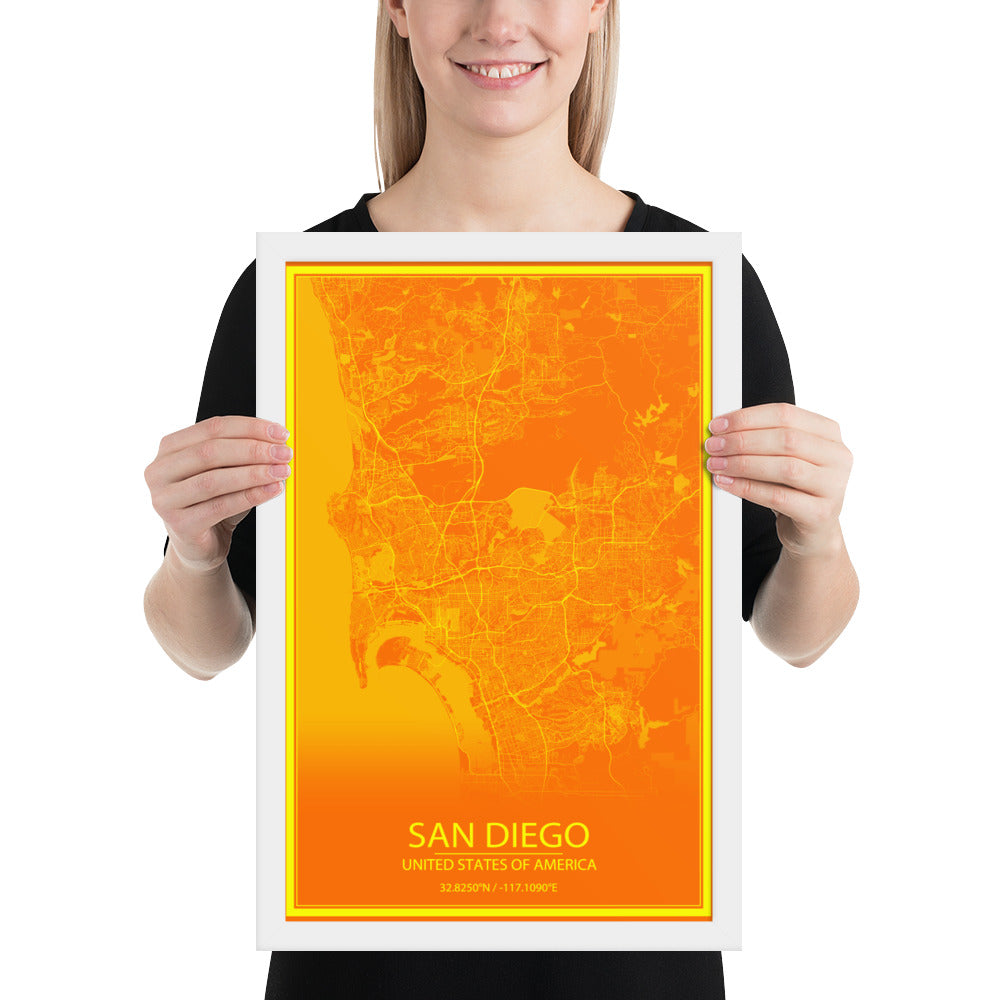 San Diego Orange and Yellow Framed Map