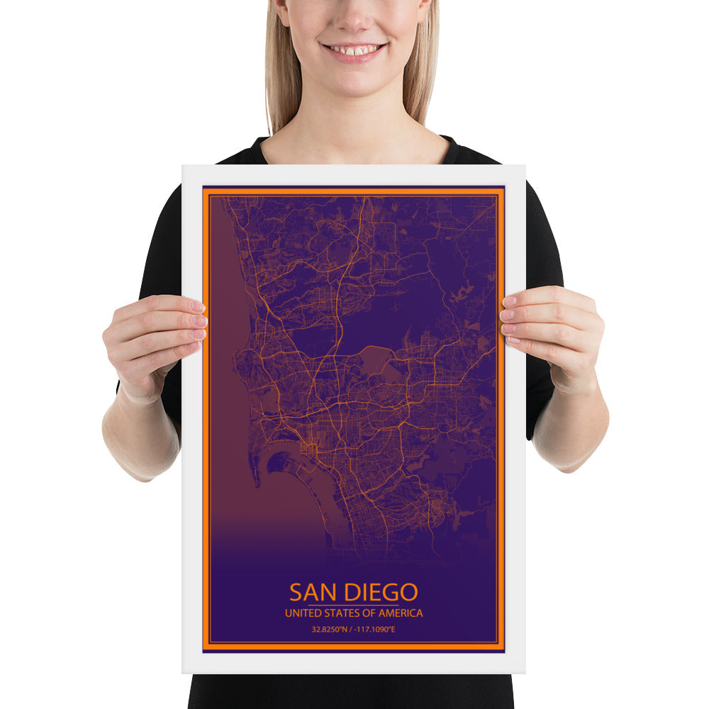 San Diego Purple and Orange Framed Map