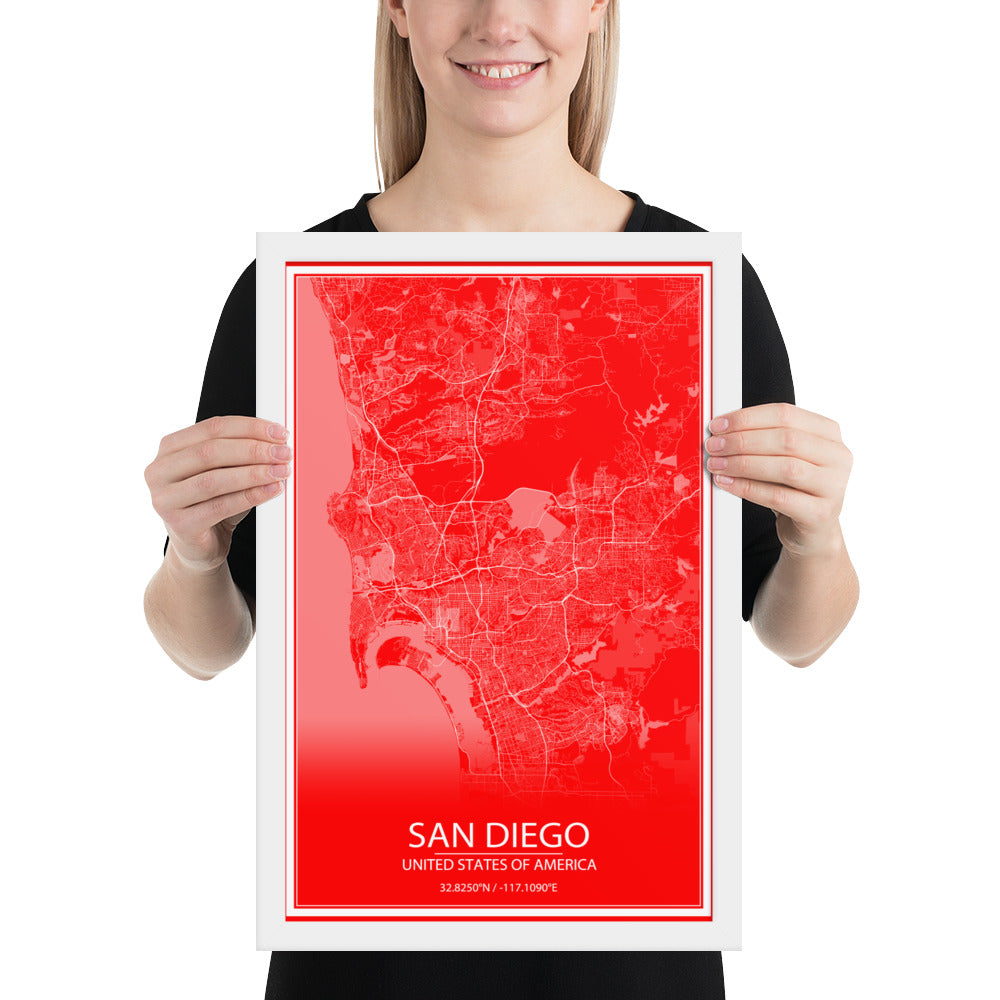 San Diego Red and White Framed Map