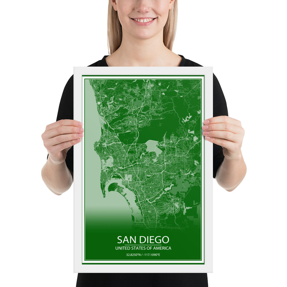 San Diego Green and White Framed Map