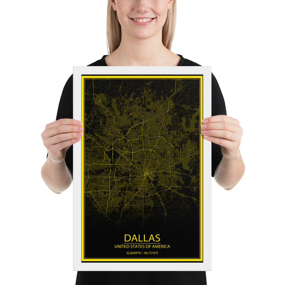 Dallas Black and Yellow Framed Map