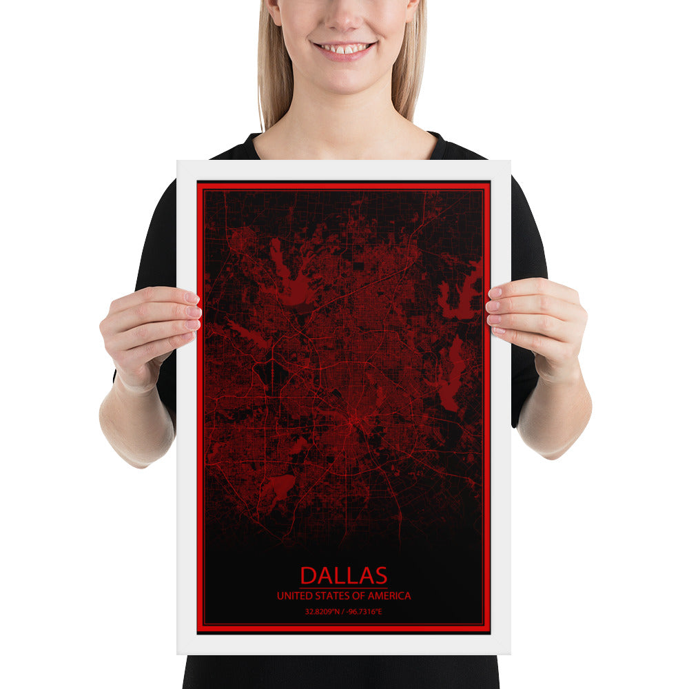 Dallas Black and Red Framed Map