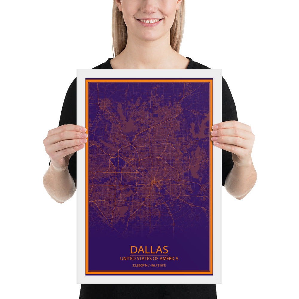 Dallas Purple and Orange Framed Map