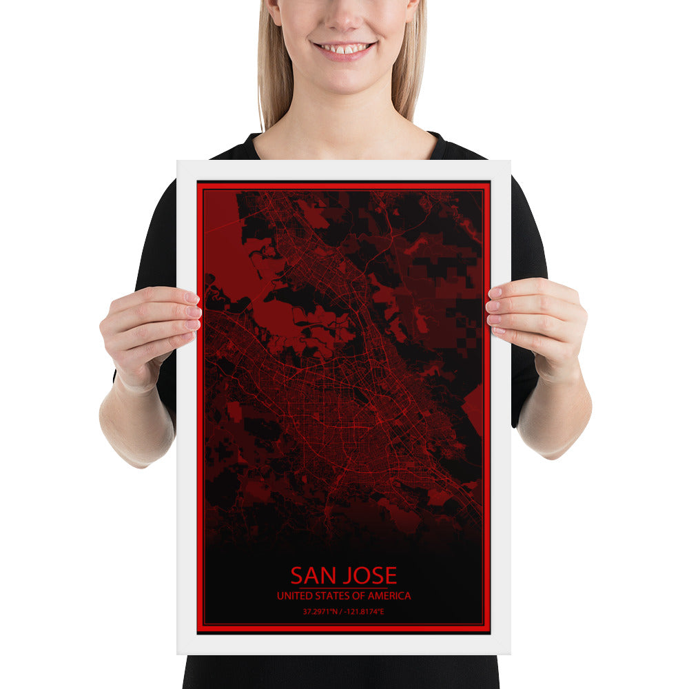 San Jose Black and Red Framed Map