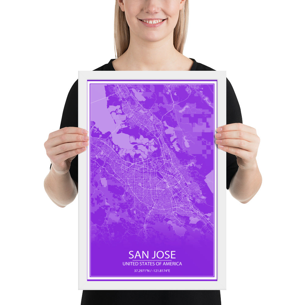 San Jose Purple and White Framed Map