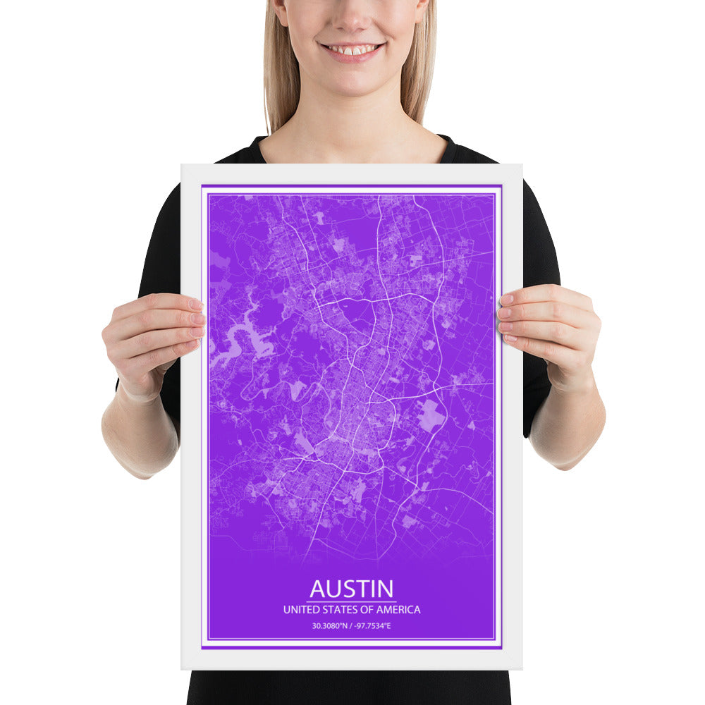 Austin Purple and White Framed Map