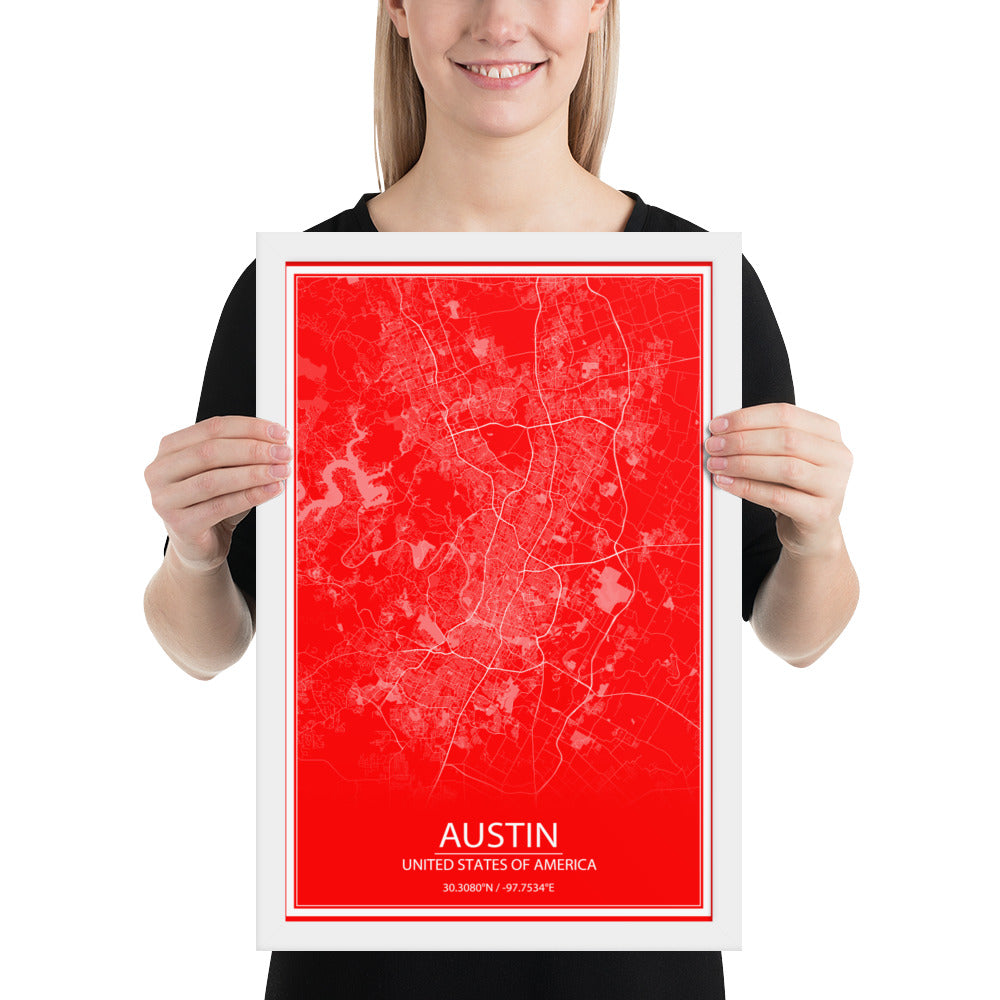 Austin Red and White Framed Map