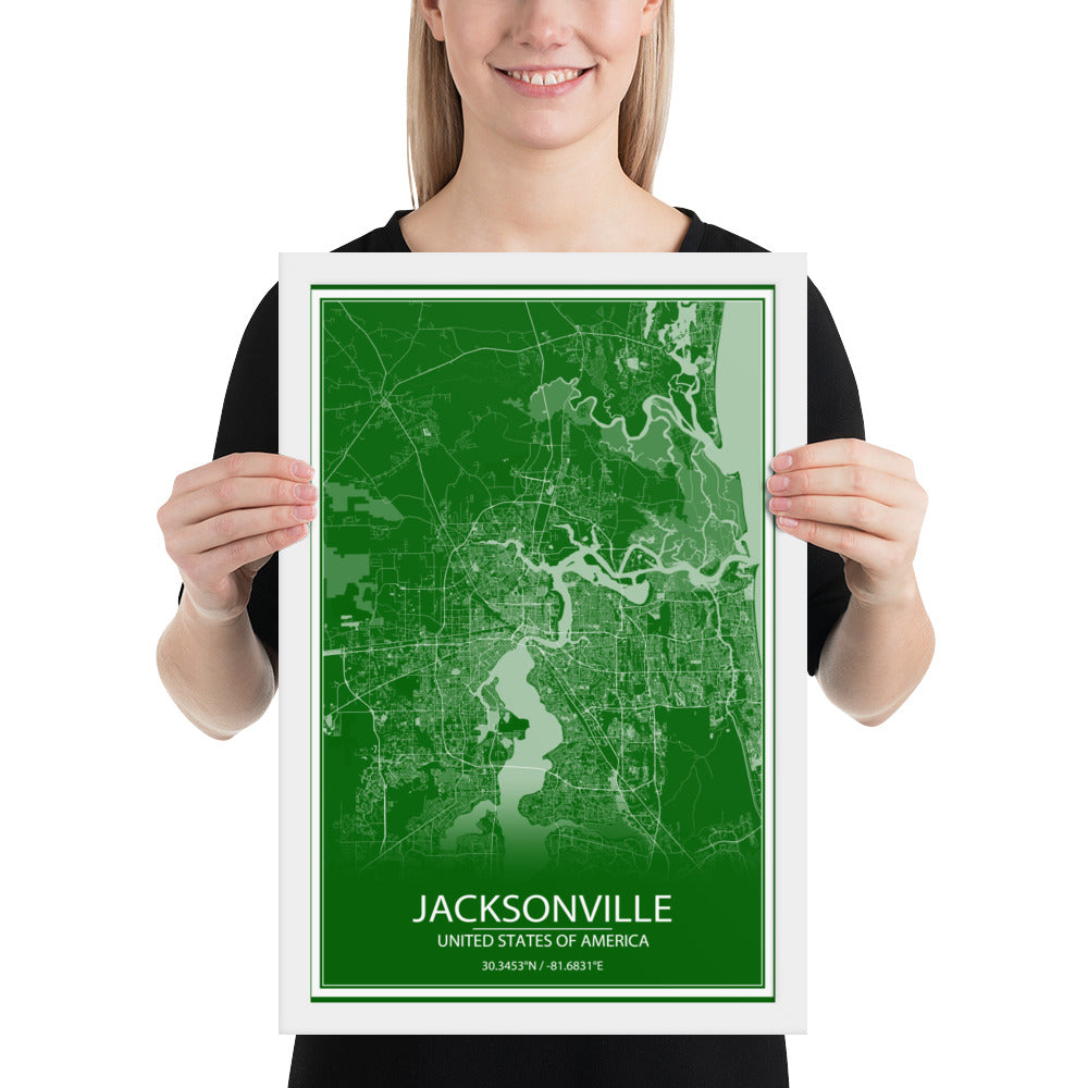 Jacksonville Green and White Framed Map