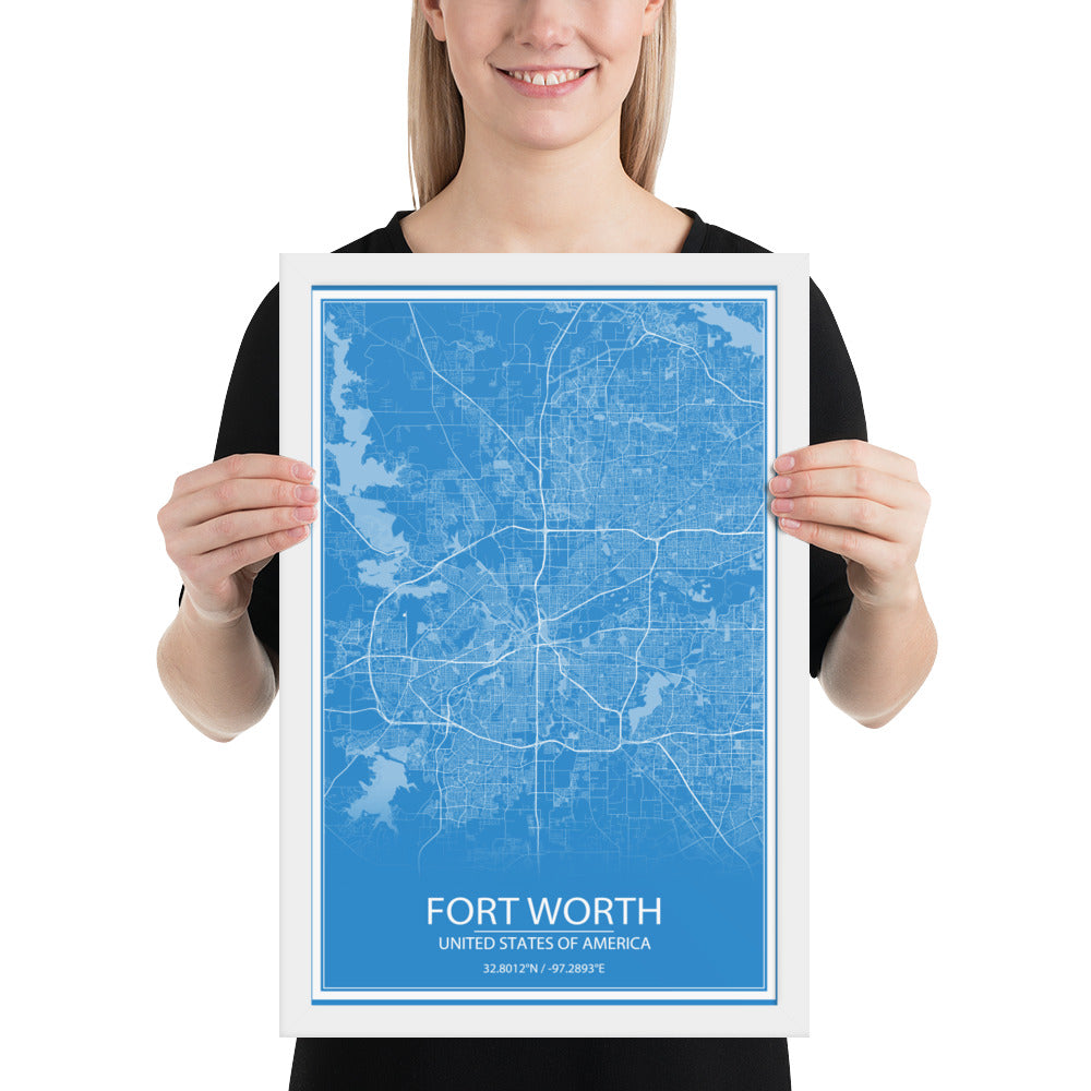 Fort Worth Blue and White Framed Map