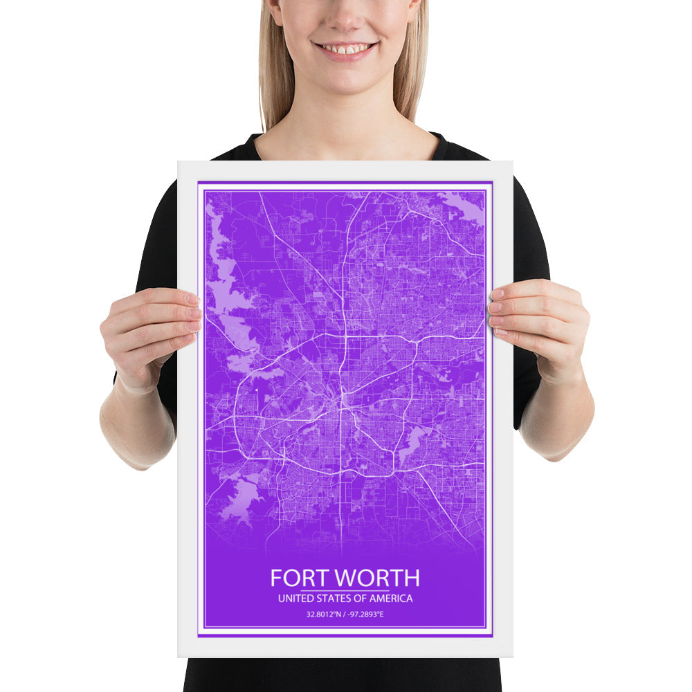 Fort Worth Purple and White Framed Map