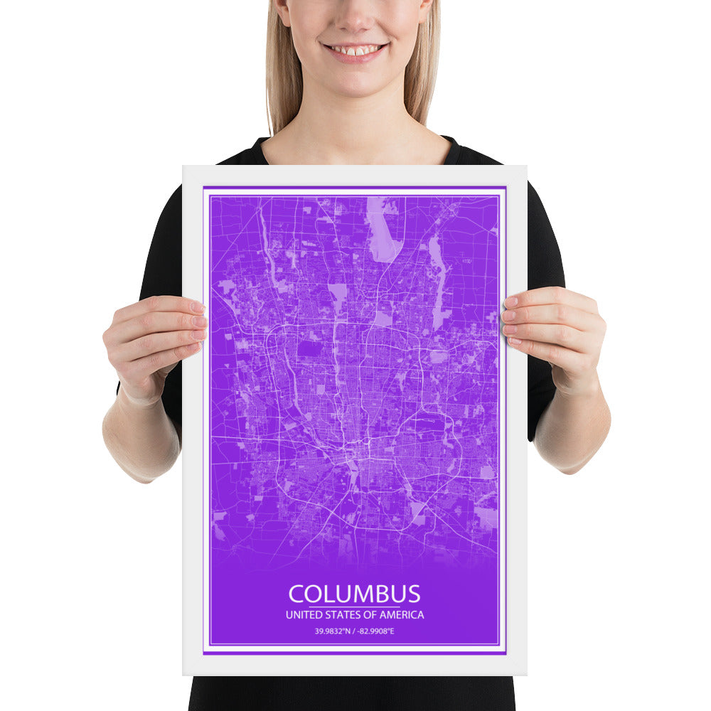 Columbus Purple and White Framed Map