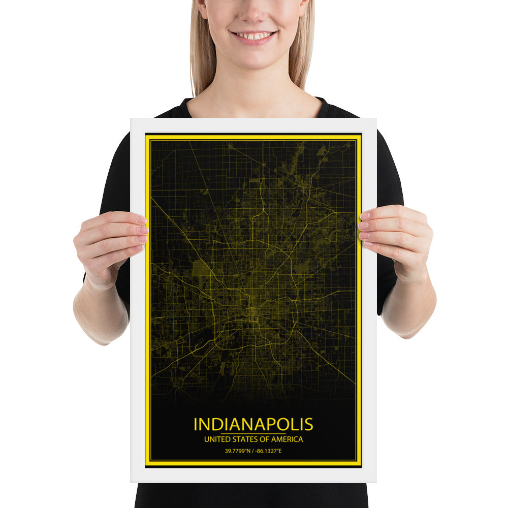 Indianapolis Black and Yellow Framed Map