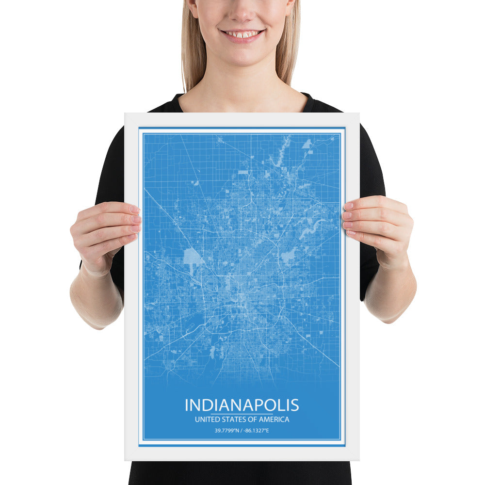 Indianapolis Blue and White Framed Map