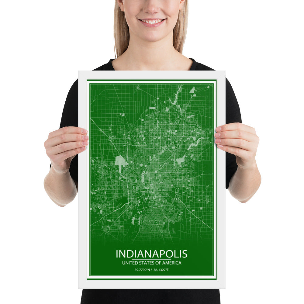 Indianapolis Green and White Framed Map