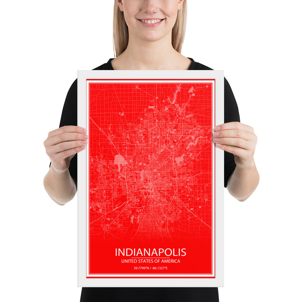 Indianapolis Red and White Framed Map