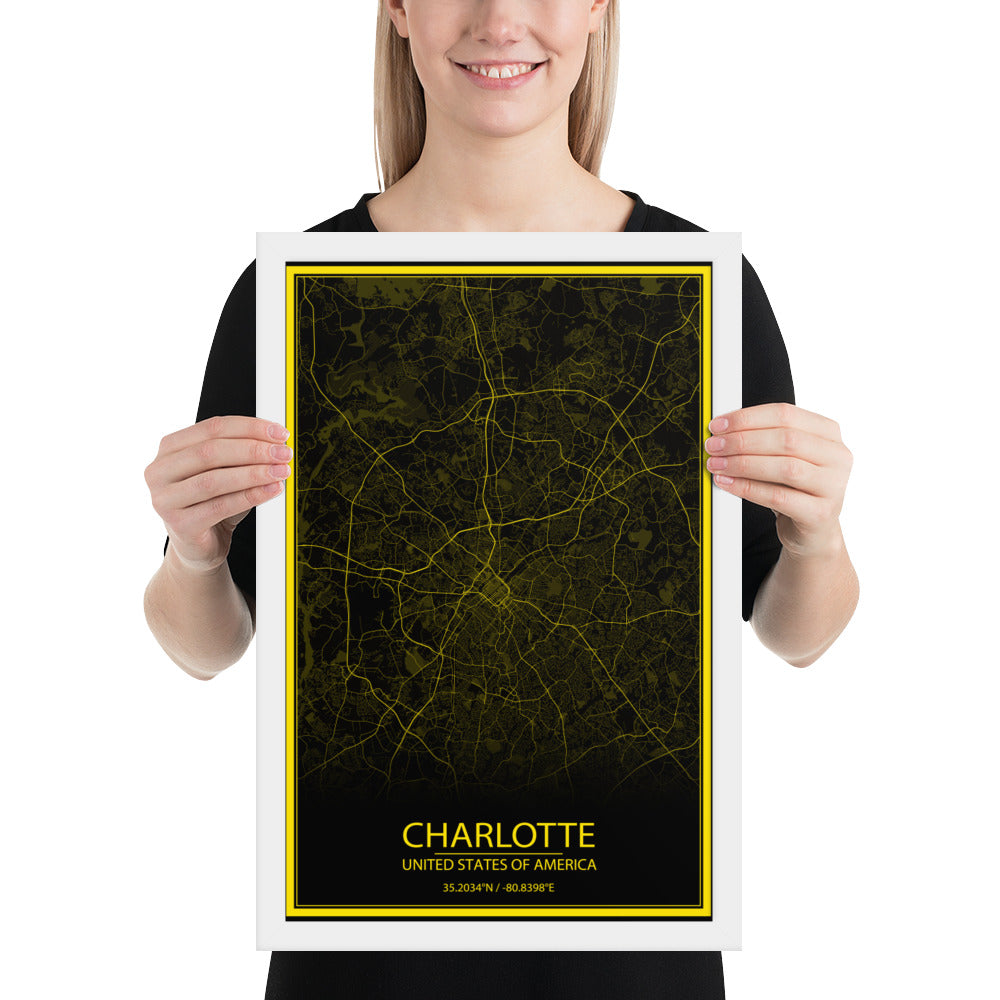 Charlotte Black and Yellow Framed Map