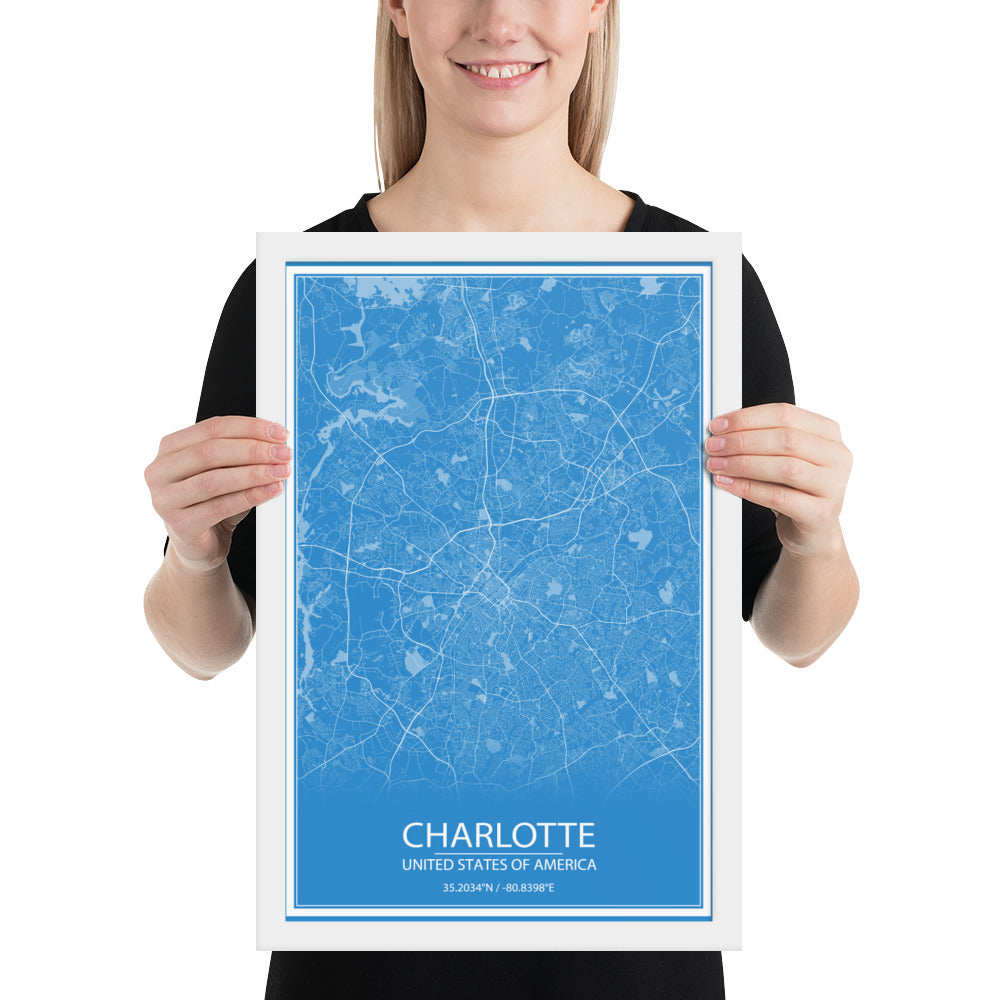 Charlotte Blue and White Framed Map