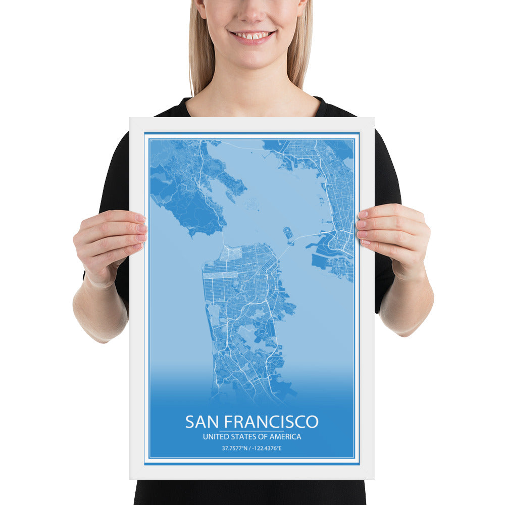 San Francisco Blue and White Framed Map