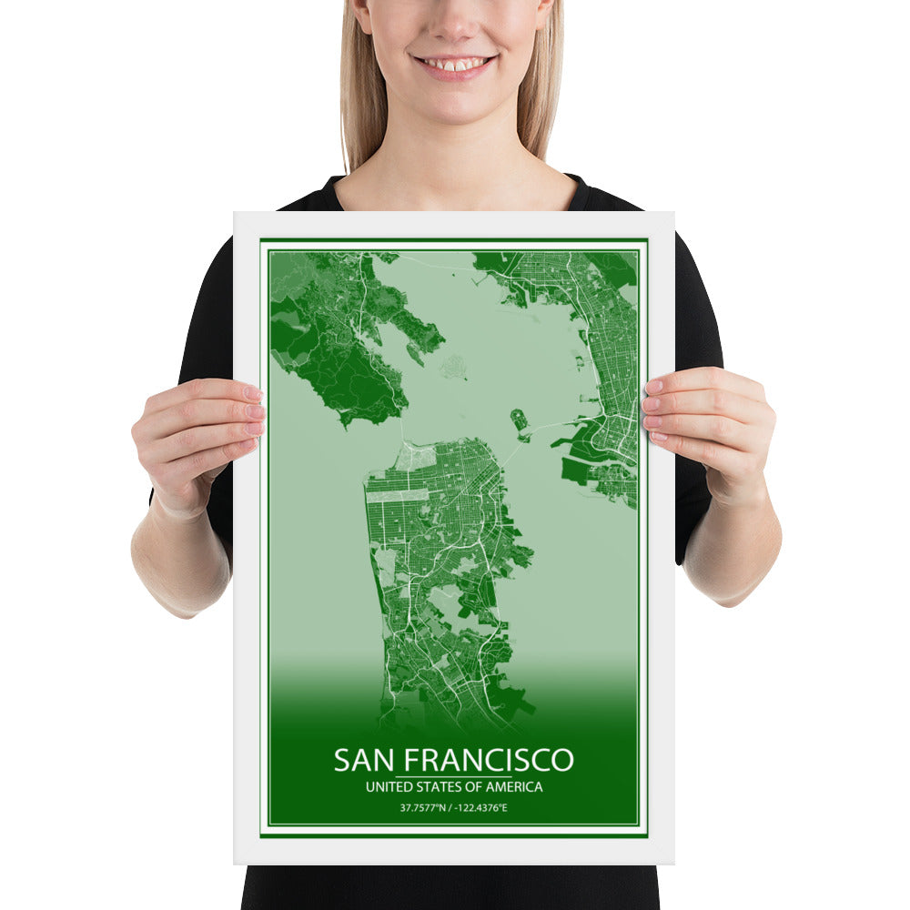 San Francisco Green and White Framed Map