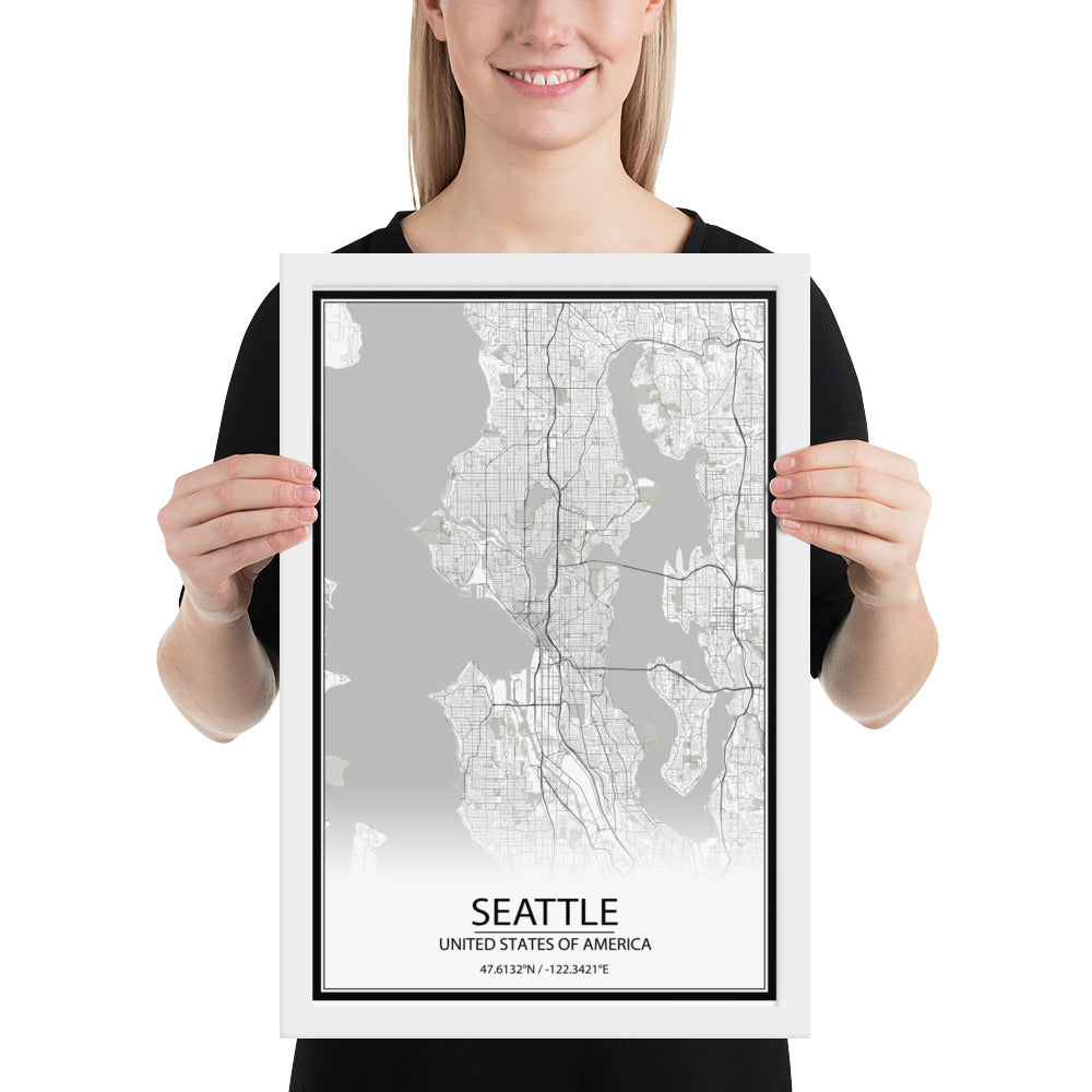 Seattle White Framed Map