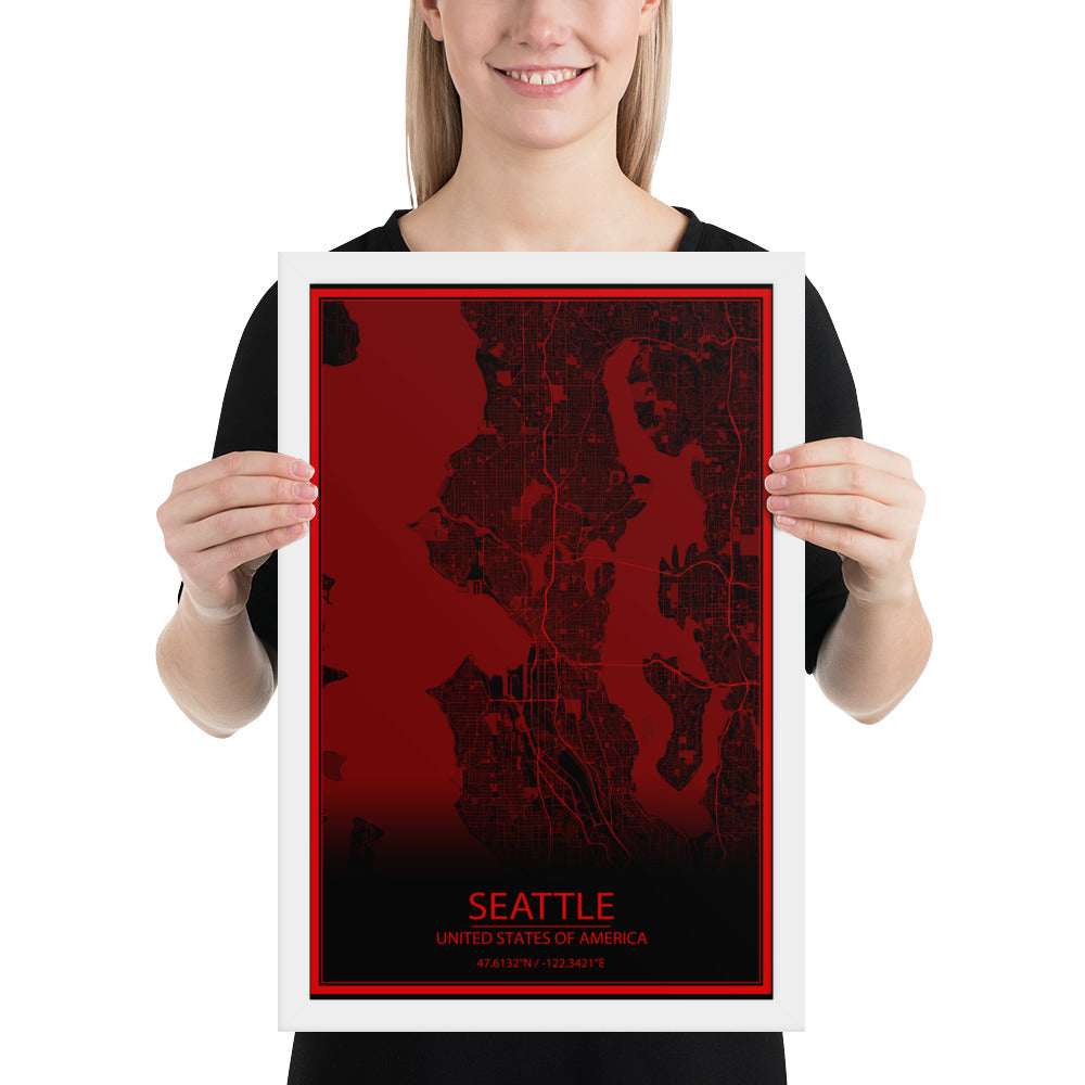 Seattle Black and Red Framed Map