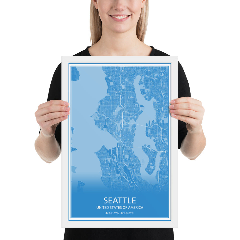 Seattle Blue and White Framed Map