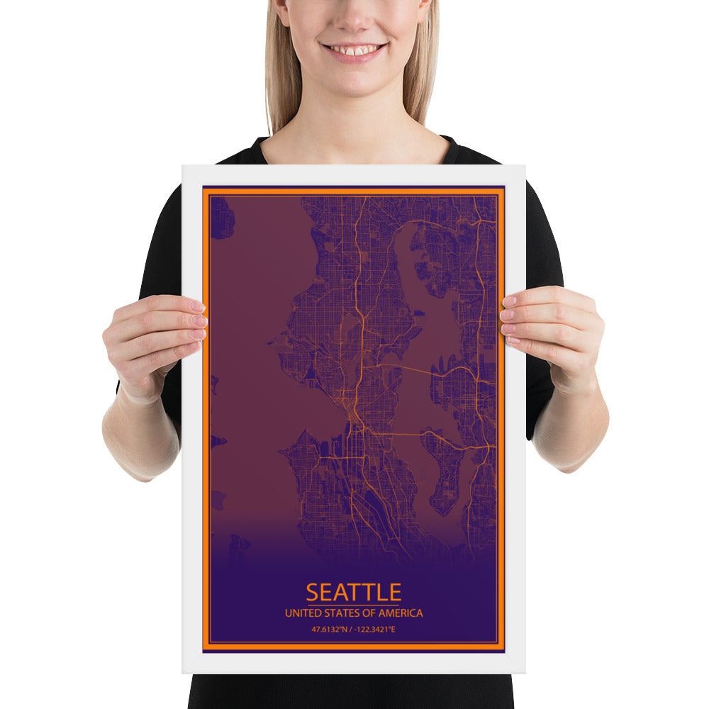 Seattle Purple and Orange Framed Map