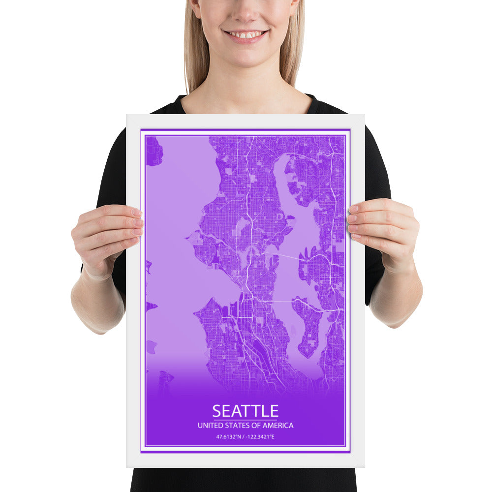 Seattle Purple and White Framed Map