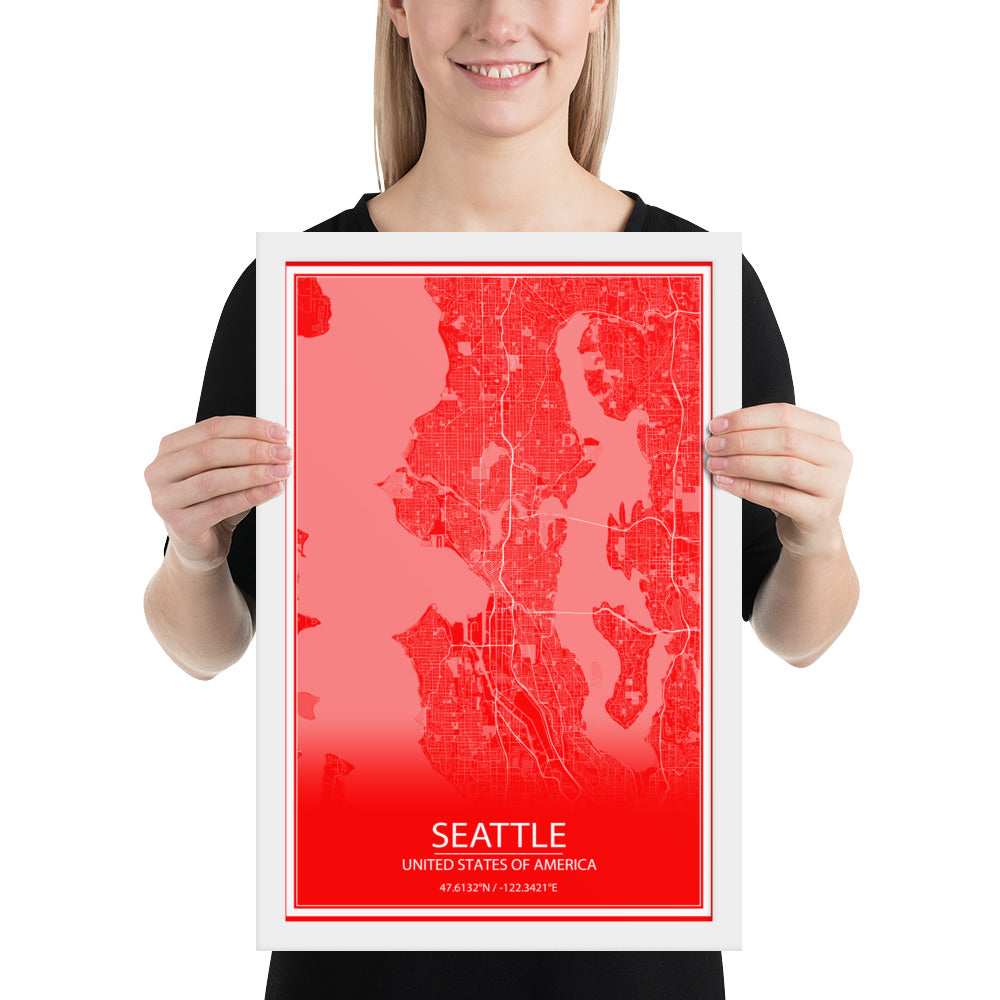 Seattle Red and White Framed Map