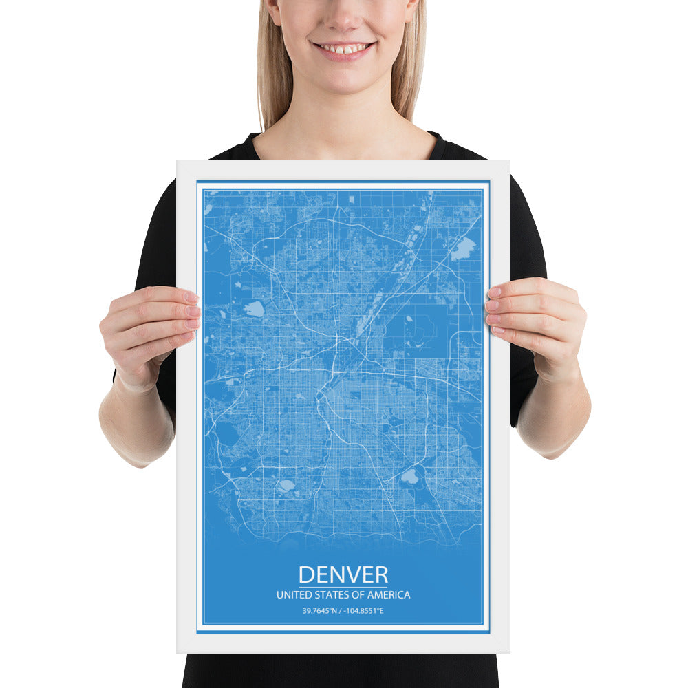 Denver Blue and White Framed Map