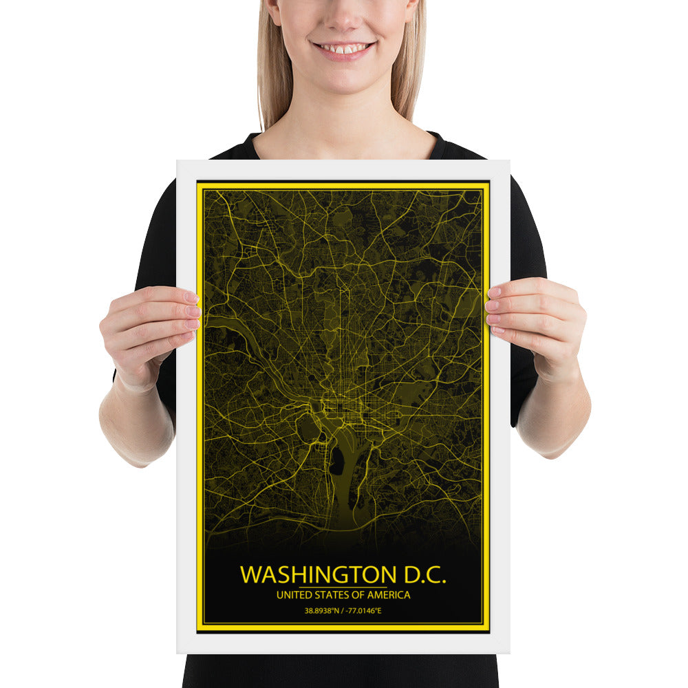 Washington, D.C. Black and Yellow Framed Map