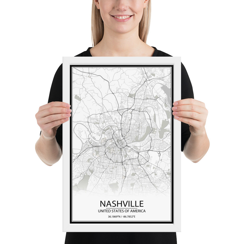 Nashville White Framed Map