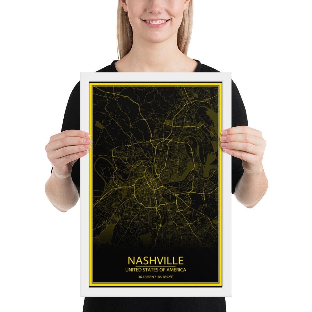 Nashville Black and Yellow Framed Map