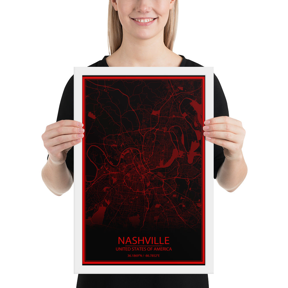 Nashville Black and Red Framed Map