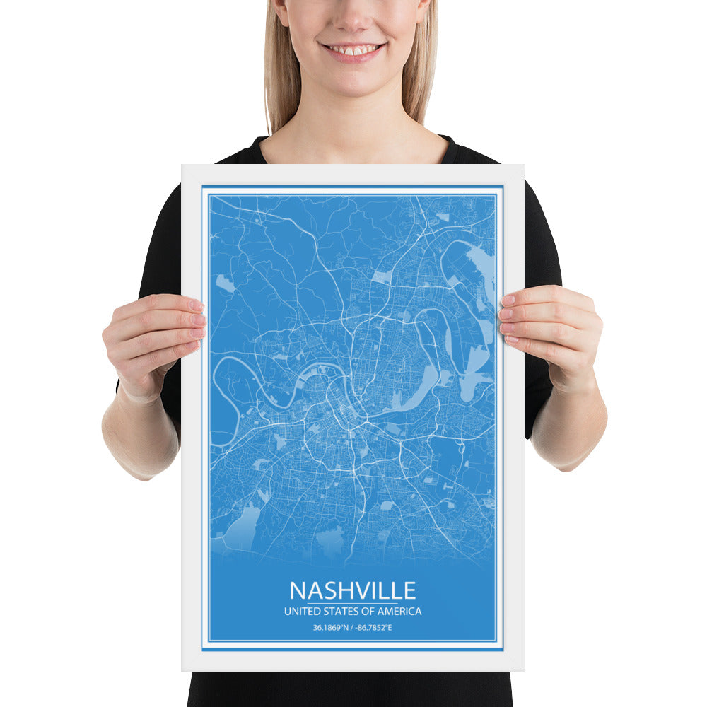 Nashville Blue and White Framed Map