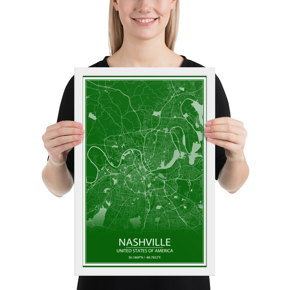 Nashville Green and White Framed Map