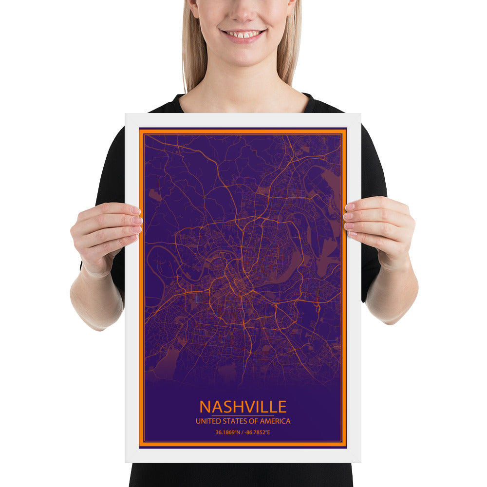 Nashville Purple and Orange Framed Map