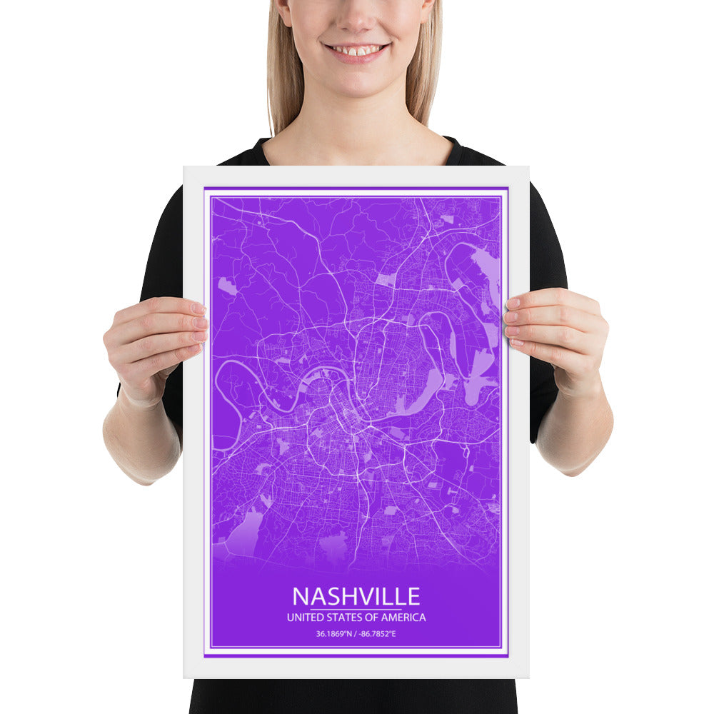 Nashville Purple and White Framed Map