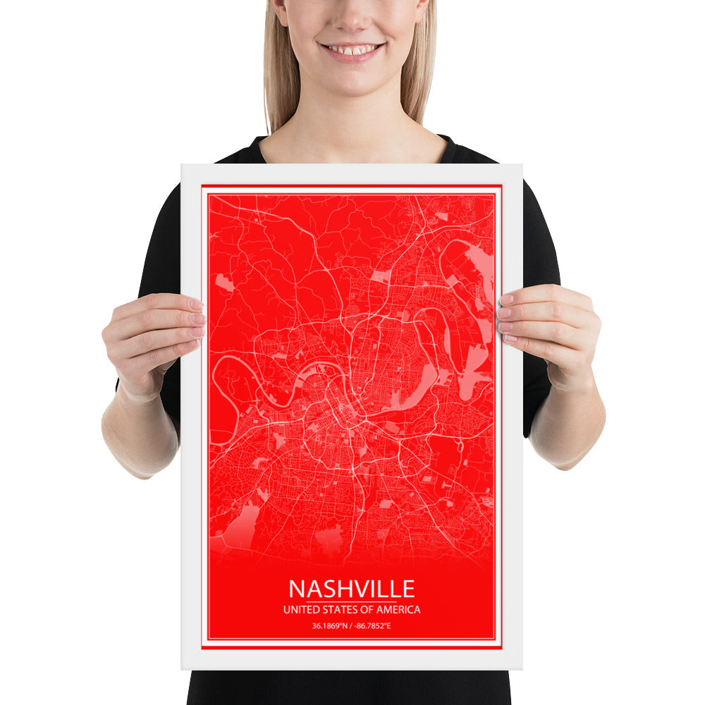 Nashville Red and White Framed Map