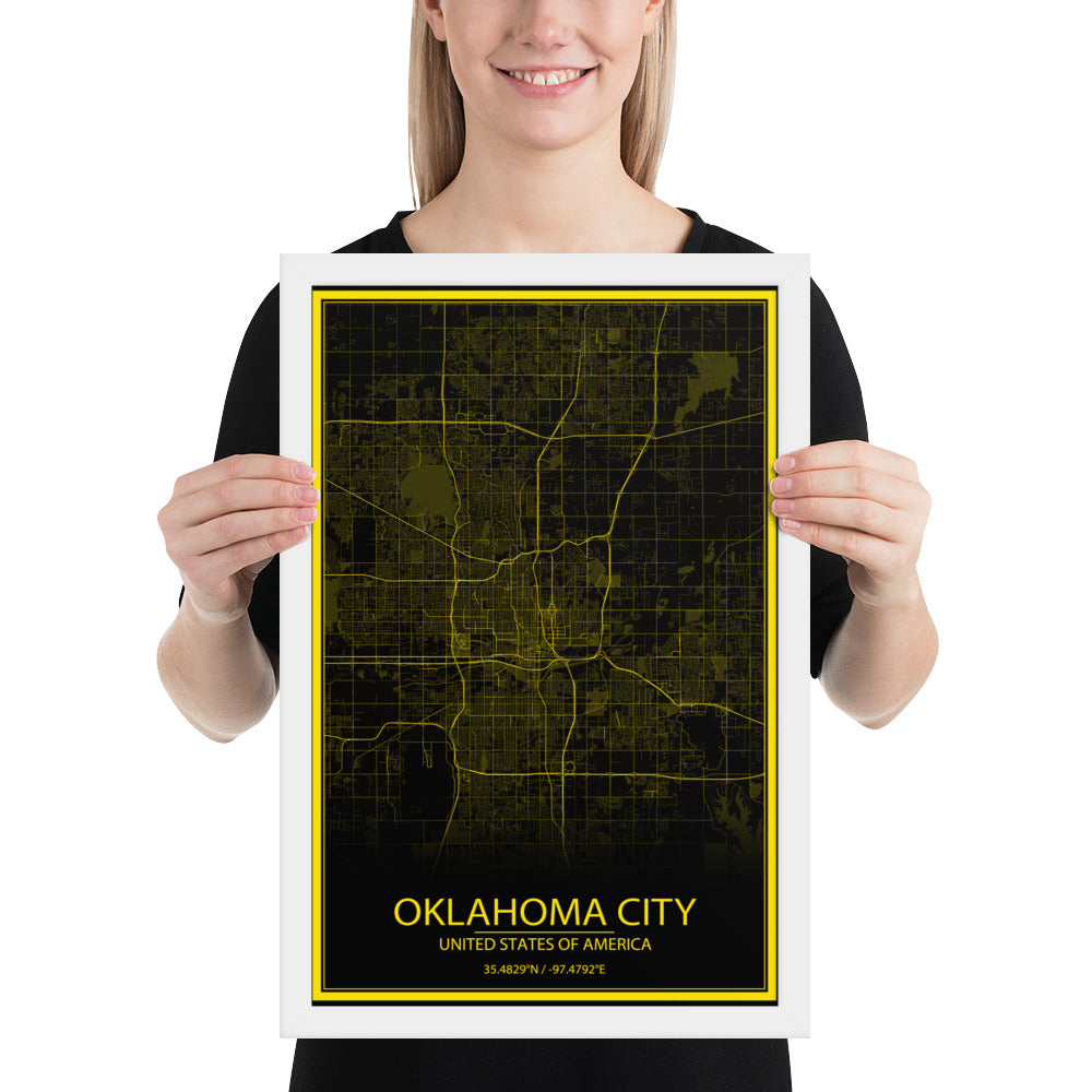 Oklahoma City Black and Yellow Framed Map