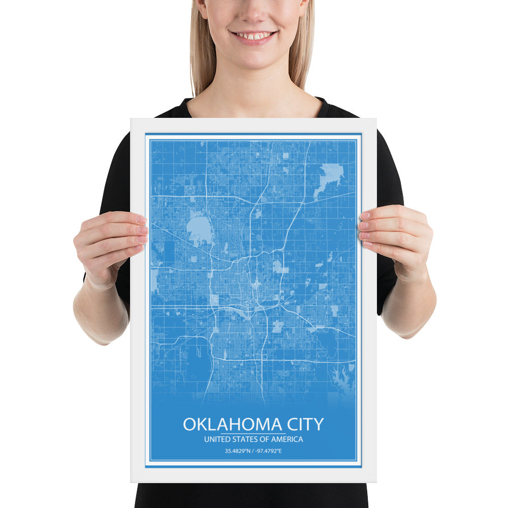 Oklahoma City Blue and White Framed Map