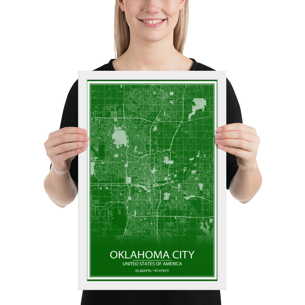 Oklahoma City Green and White Framed Map