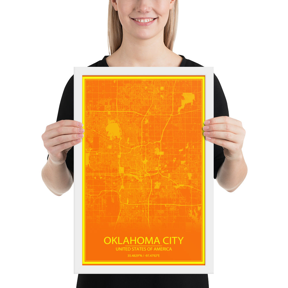 Oklahoma City Orange and Yellow Framed Map